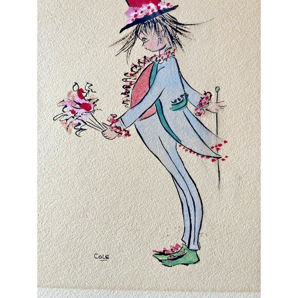 Vintage Original Mixed Medium Art Whimsical Figure Unframed 15"L X 10"W Kitch - Picture 3 of 3